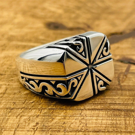 Hand Embroidered Square Model Men's Silver Ring