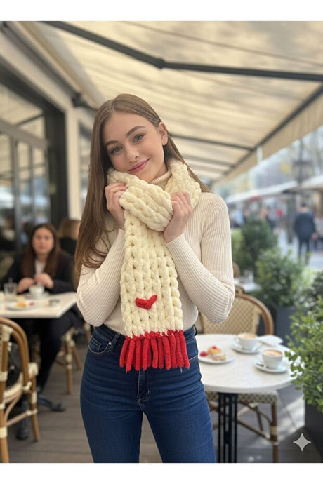 Hand - Knitted Puffy Scarf - Super Soft with Heart Detail, 20x200 cm - TryAladdin