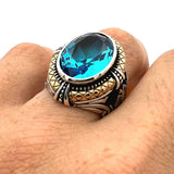 Handcrafted Men's 925 Sterling Silver Blue Aquamarine Double Headed Eagle Ring - Turkish Statement Jewelry - TryAladdin