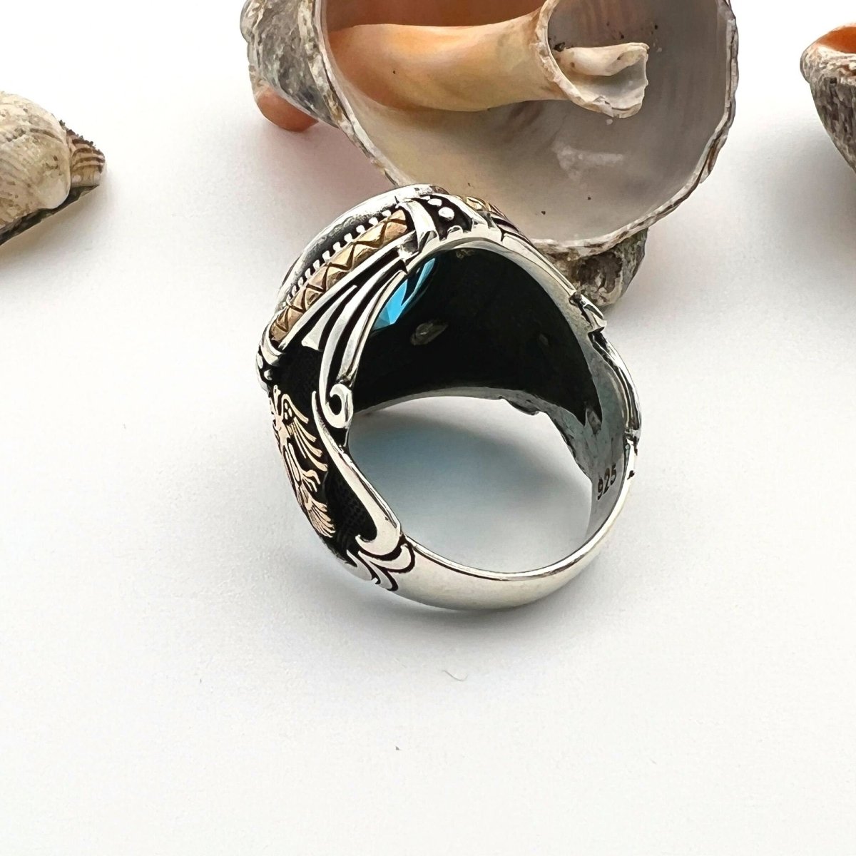 Handcrafted Men's 925 Sterling Silver Blue Aquamarine Double Headed Eagle Ring - Turkish Statement Jewelry - TryAladdin
