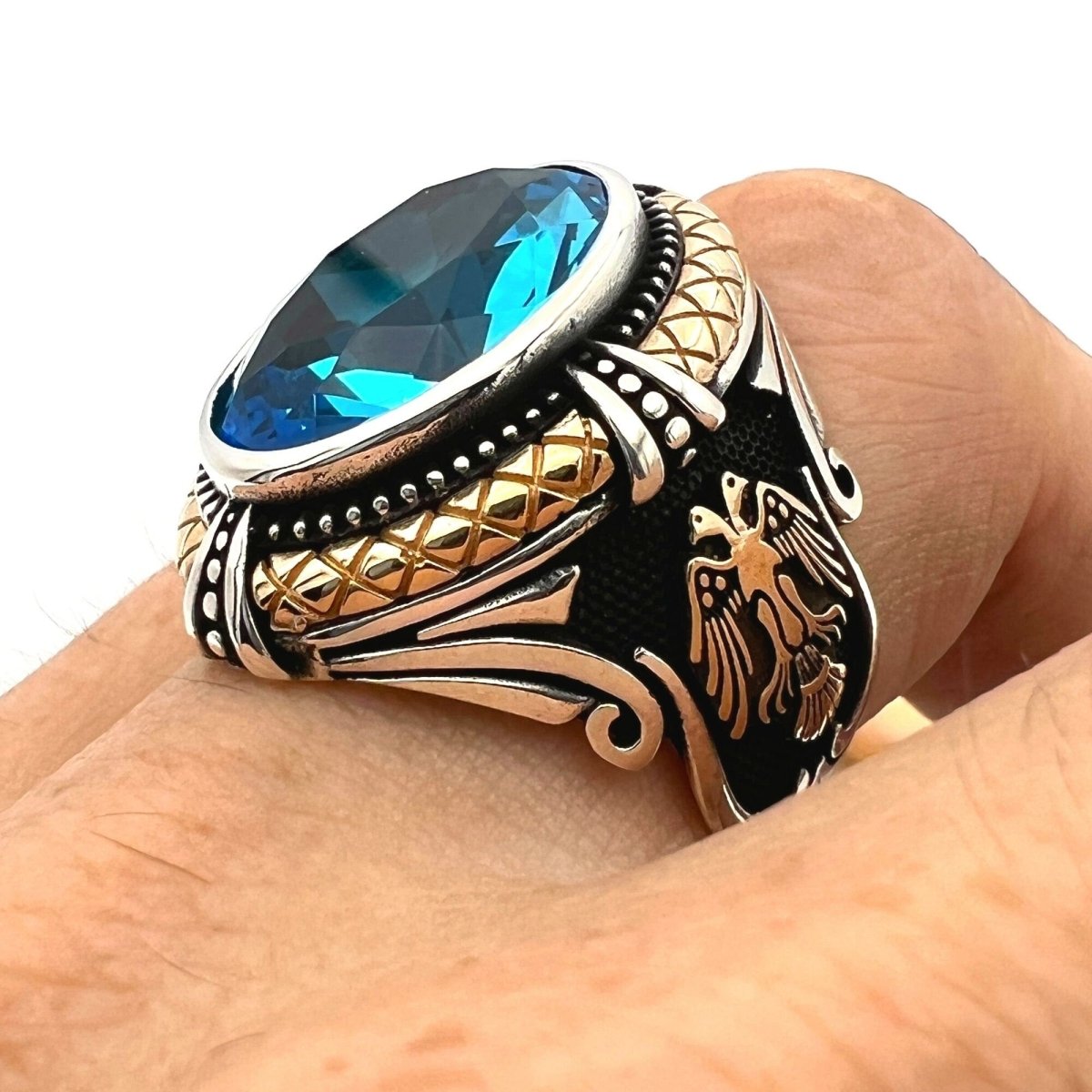 Handcrafted Men's 925 Sterling Silver Blue Aquamarine Double Headed Eagle Ring - Turkish Statement Jewelry - TryAladdin