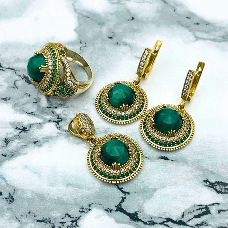 Handcrafted Ottoman Style Malachite 925 Sterling Silver Jewelry Set - Necklace, Ring, Earrings & Bracelet - TryAladdin