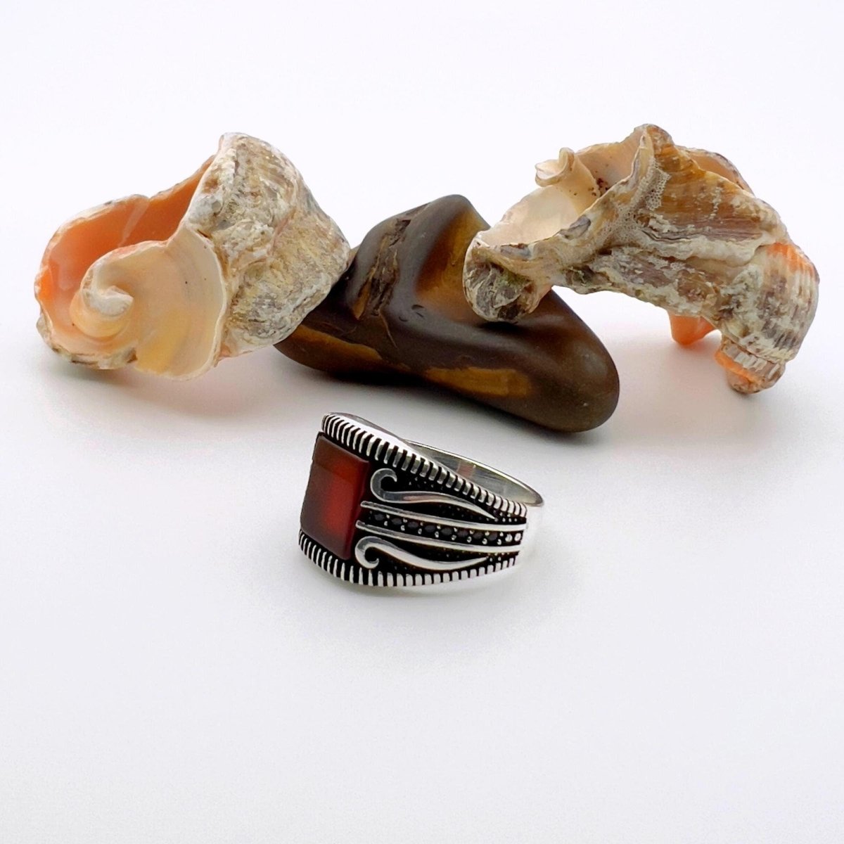 Handcrafted Turkish 925 Sterling Silver Men's Ring with Bold Square Red Agate Gemstone - TryAladdin