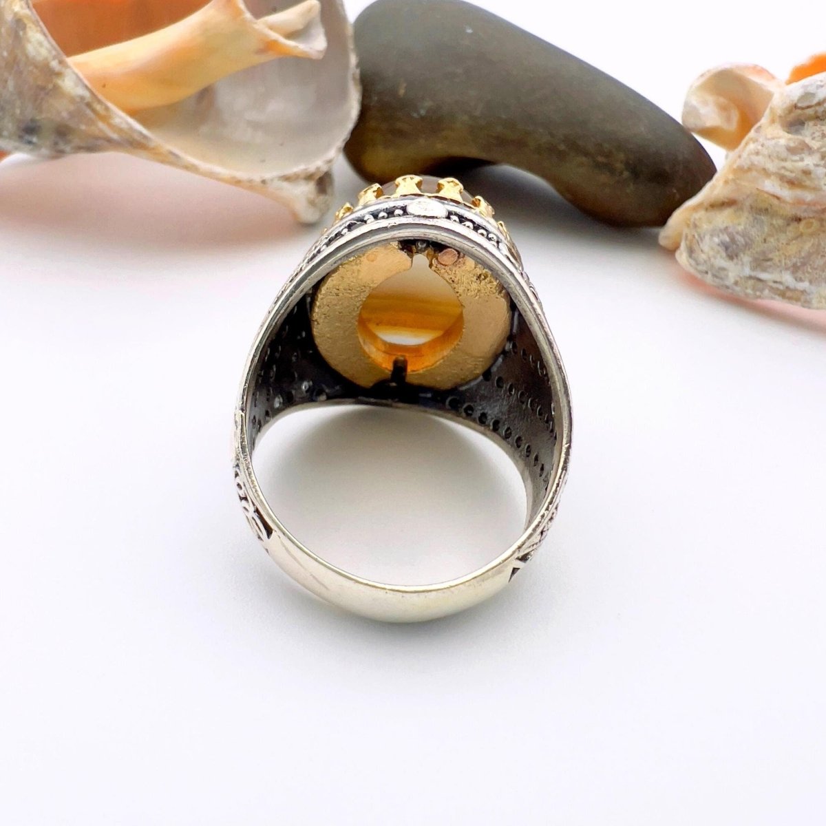 Handcrafted Turkish 925 Sterling Silver Men's Ring with Natural Brown Agate Stone - TryAladdin