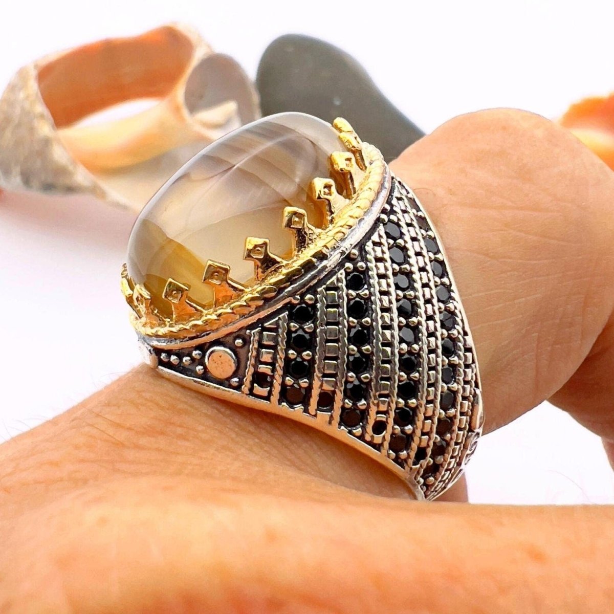 Handcrafted Turkish 925 Sterling Silver Men's Ring with Natural Brown Agate Stone - TryAladdin