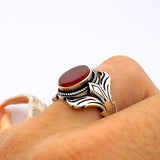 Handcrafted Turkish 925 Sterling Silver Unisex Oval Red Agate Ring - TryAladdin