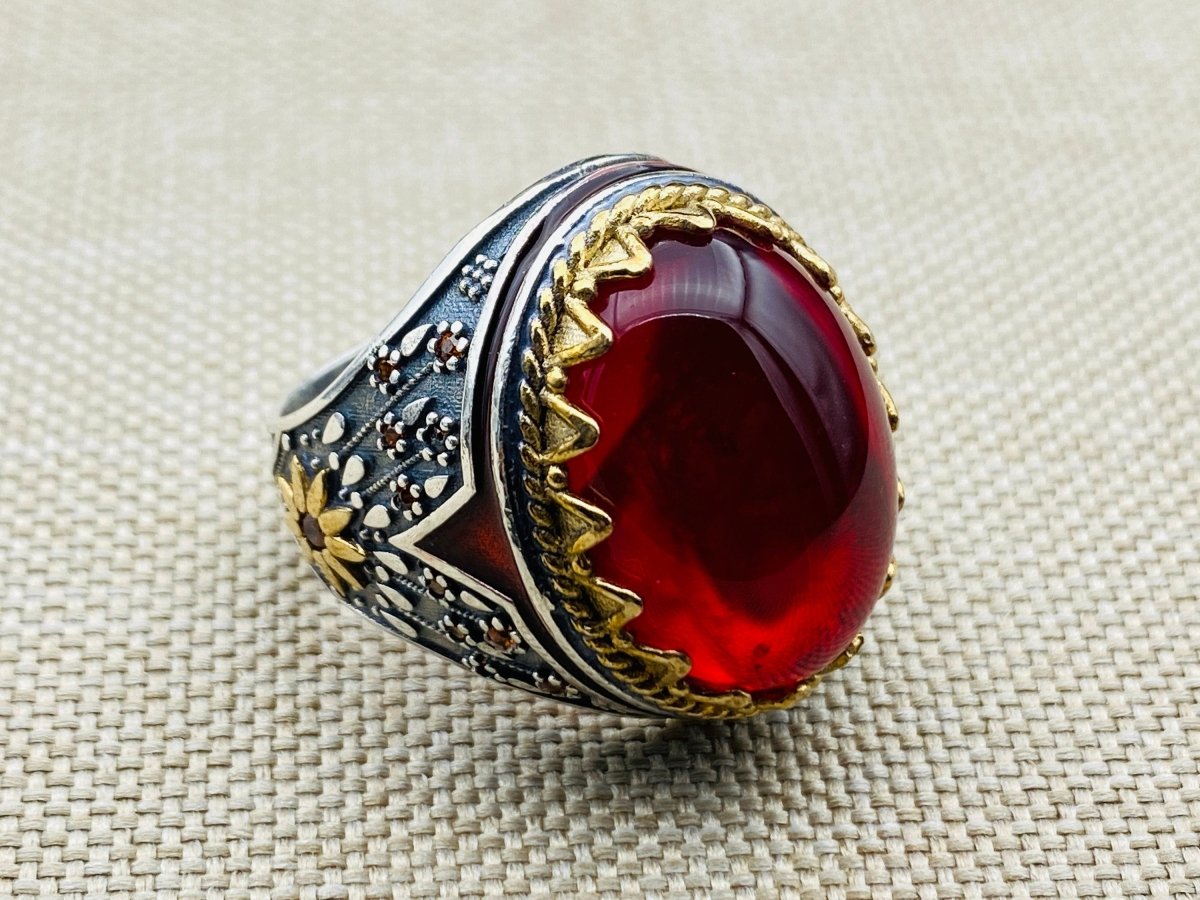 Handcrafted Turkish Sterling Silver Men's Red Agate Statement Ring - Timeless Design & Durable Comfort - TryAladdin
