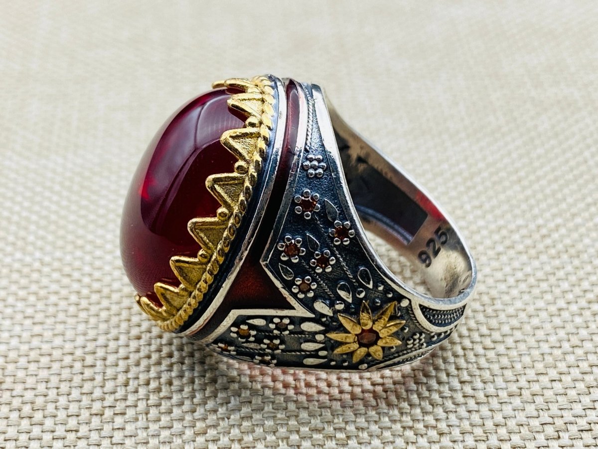 Handcrafted Turkish Sterling Silver Men's Red Agate Statement Ring - Timeless Design & Durable Comfort - TryAladdin