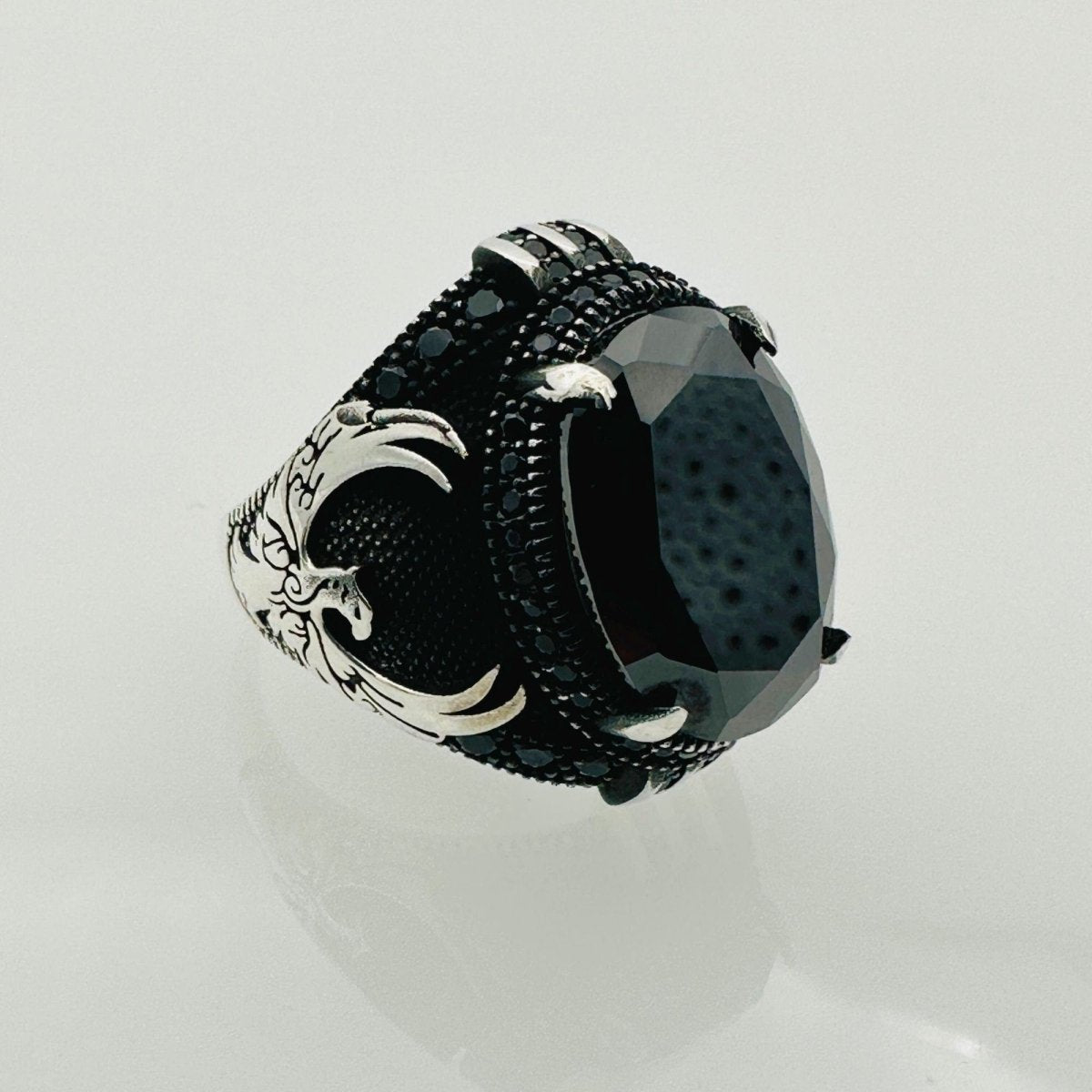 Handmade Men's Black Onyx Eagle Silver Ring