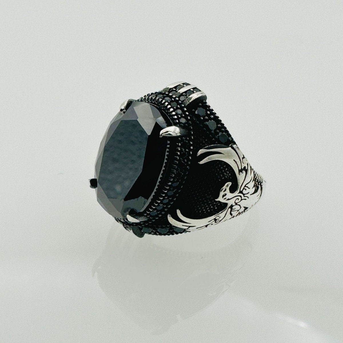 Handmade Men's Black Onyx Eagle Silver Ring