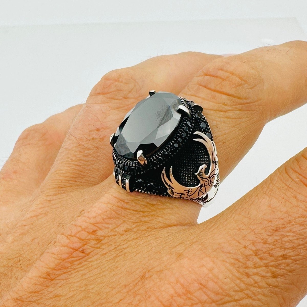 Handmade Men's Black Onyx Eagle Silver Ring