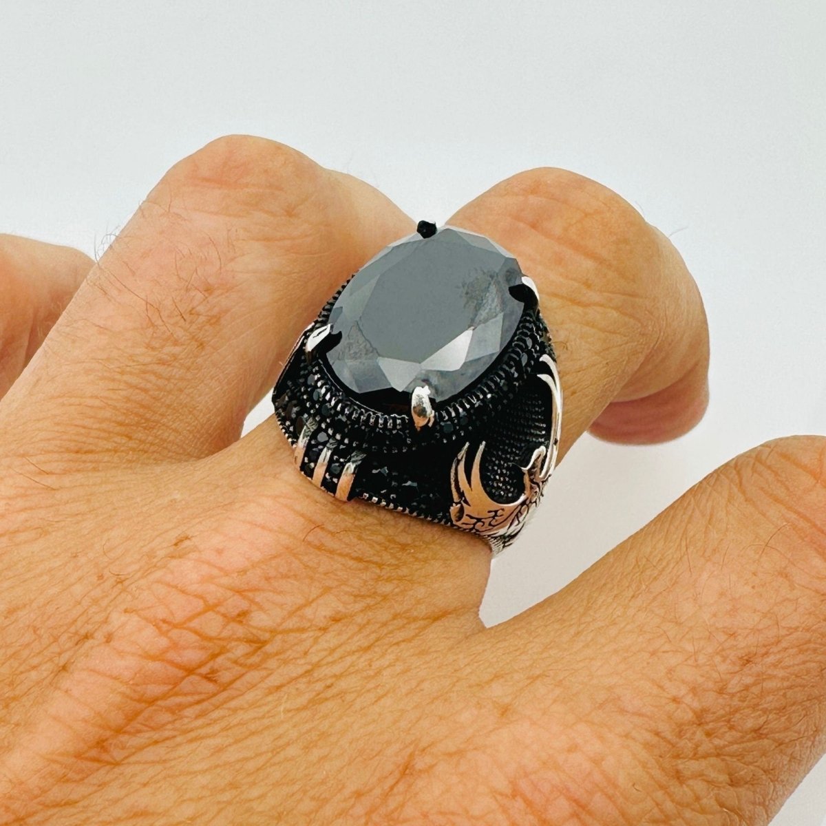 Handmade Men's Black Onyx Eagle Silver Ring