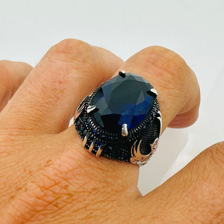 Handmade Men's Eagle Blue Sapphire Silver Ring