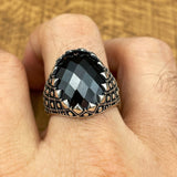 Handmade Men's Oval Black Zircon Silver Ring