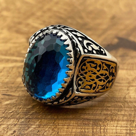 Handmade Men's Oval Blue Aquamarine Silver Ring