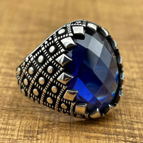 Handmade Men's Oval Blue Zircon Silver Ring