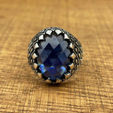 Handmade Men's Oval Blue Zircon Silver Ring