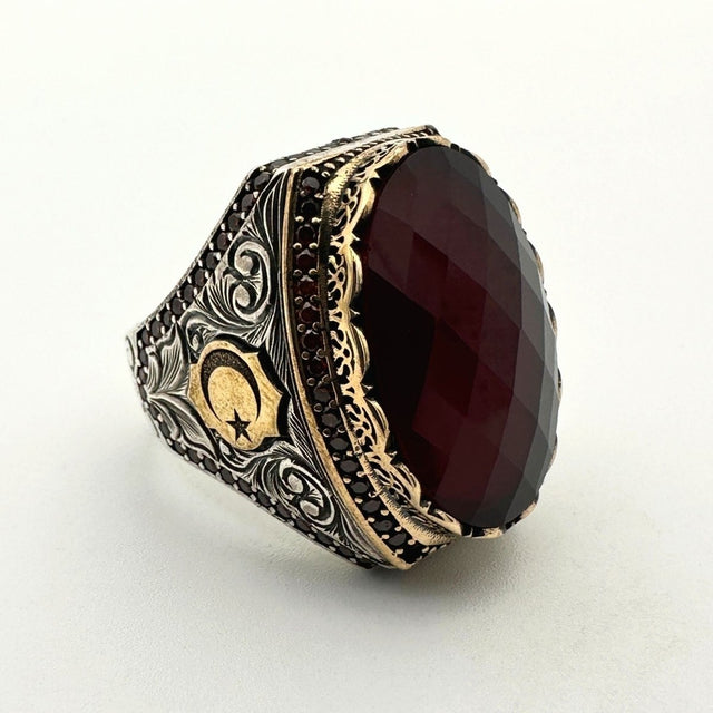 Handmade Men's Red Zircon Stone Silver Ring