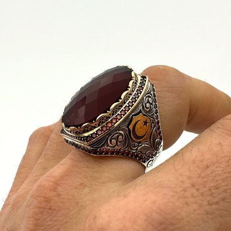 Handmade Men's Red Zircon Stone Silver Ring