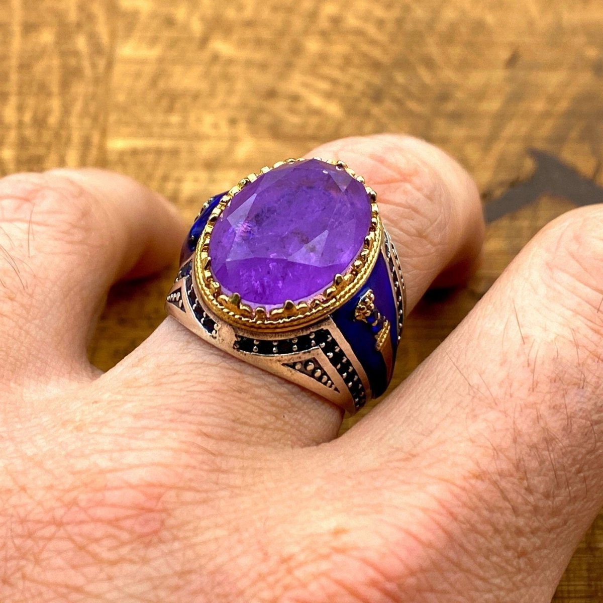 Handmade Men's Sterling Silver Purple Tourmaline Ring - Authentic Turkish Ottoman Style Statement Jewelry - TryAladdin