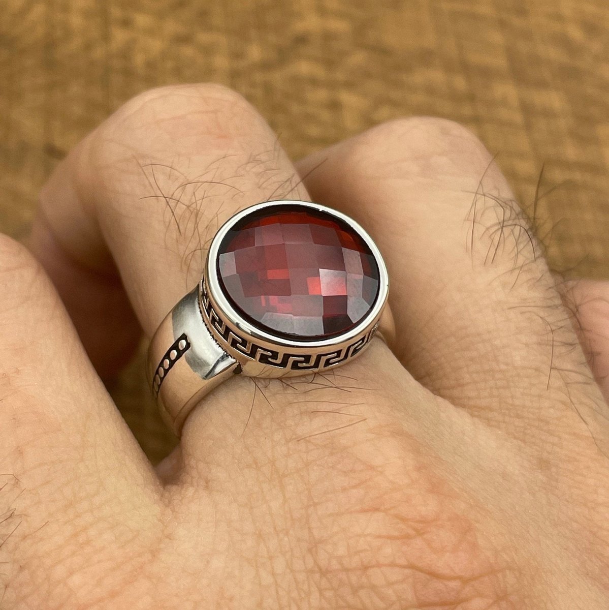 Handmade Minimalist Oval Red Zircon Silver Ring