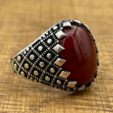 Handmade Silver Men's Oval Red Agate Ring