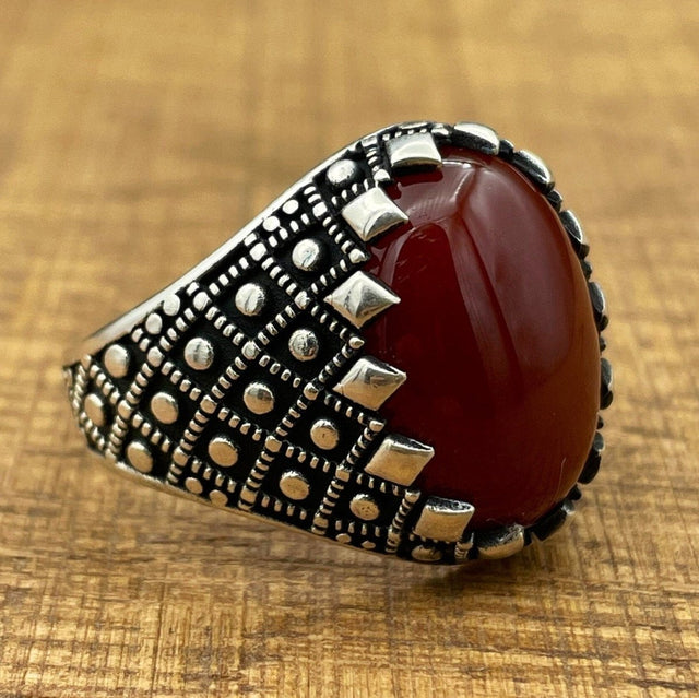 Handmade Silver Men's Oval Red Agate Ring