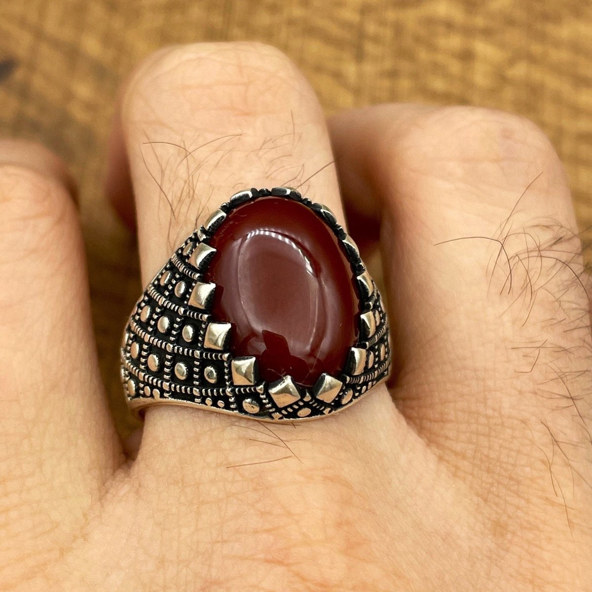 Handmade Silver Men's Oval Red Agate Ring