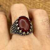 Handmade Silver Men's Oval Red Agate Ring - TryAladdin