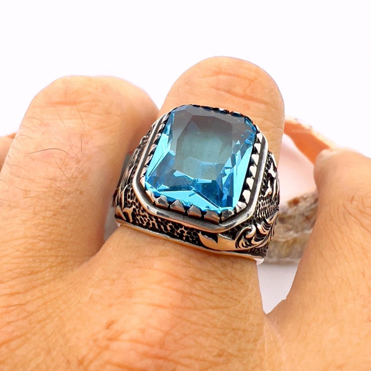 Handmade Turkish 925 Sterling Silver Men's Blue Aquamarine Ring - TryAladdin