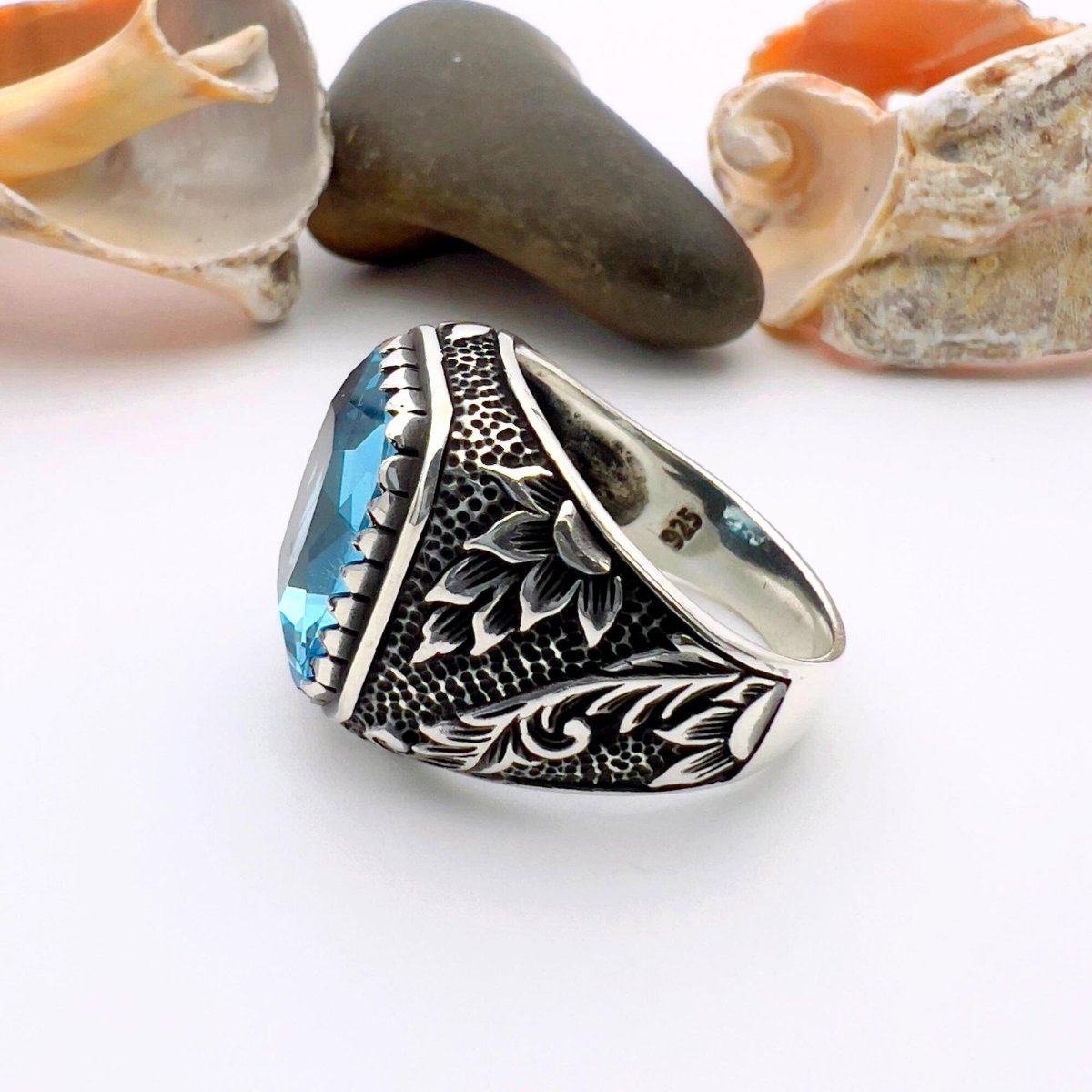 Handmade Turkish 925 Sterling Silver Men's Blue Aquamarine Ring - TryAladdin