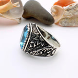 Handmade Turkish 925 Sterling Silver Men's Blue Aquamarine Ring - TryAladdin