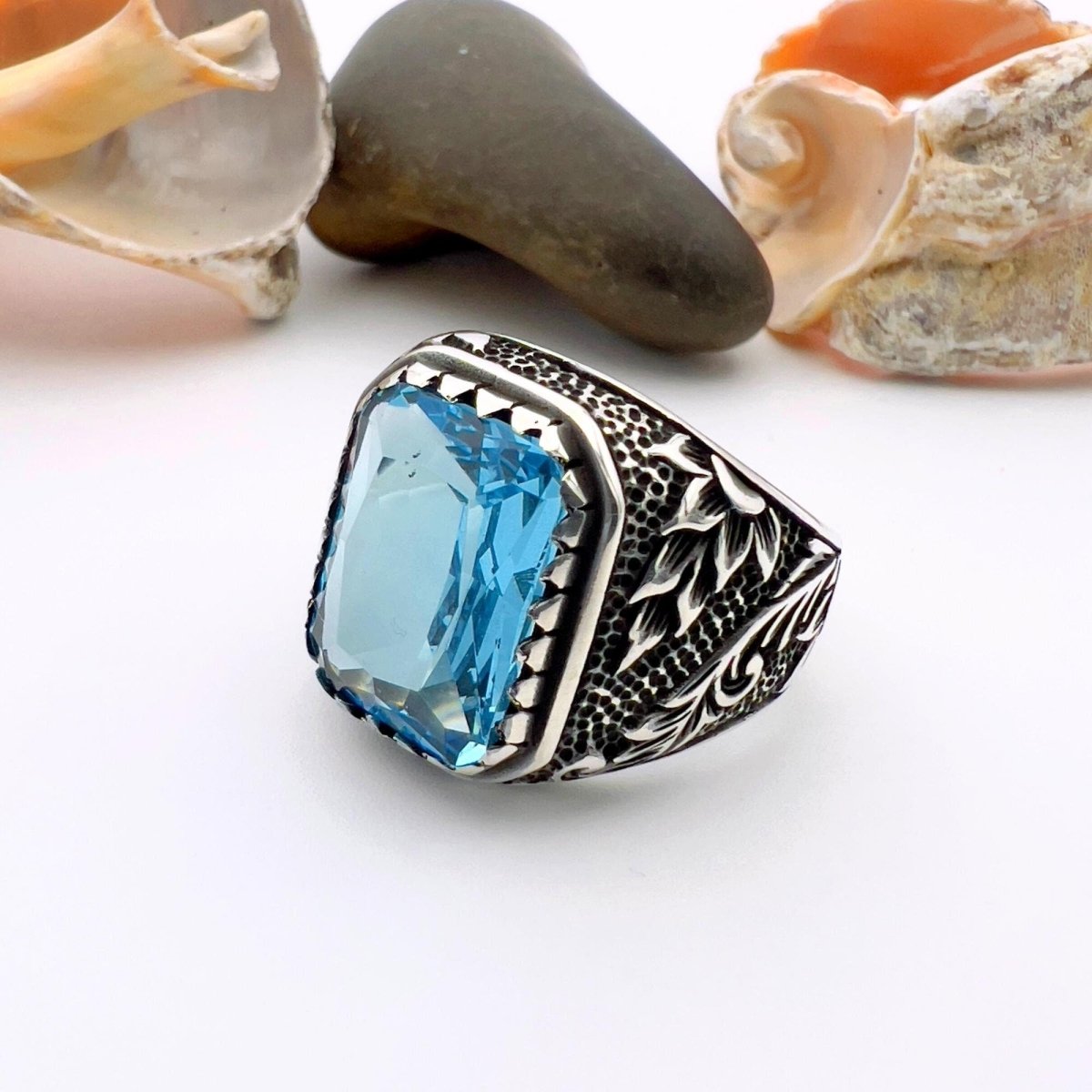 Handmade Turkish 925 Sterling Silver Men's Blue Aquamarine Ring - TryAladdin