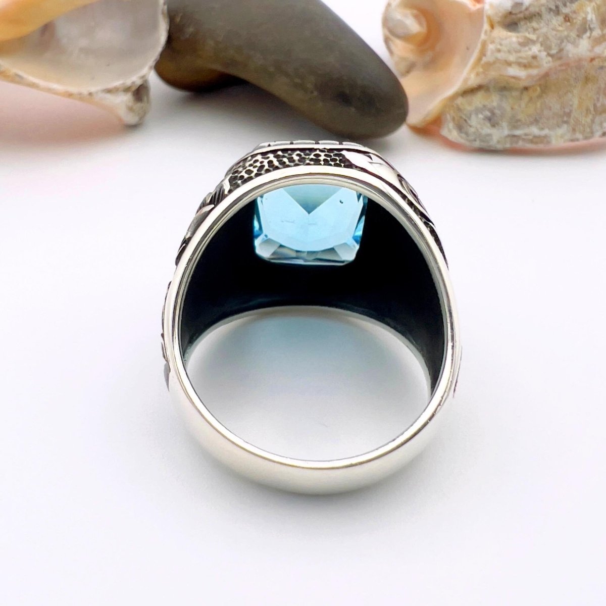 Handmade Turkish 925 Sterling Silver Men's Blue Aquamarine Ring - TryAladdin