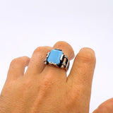 Handmade Turkish 925 Sterling Silver Men's Turquoise Ring - Classic Ottoman Style - TryAladdin