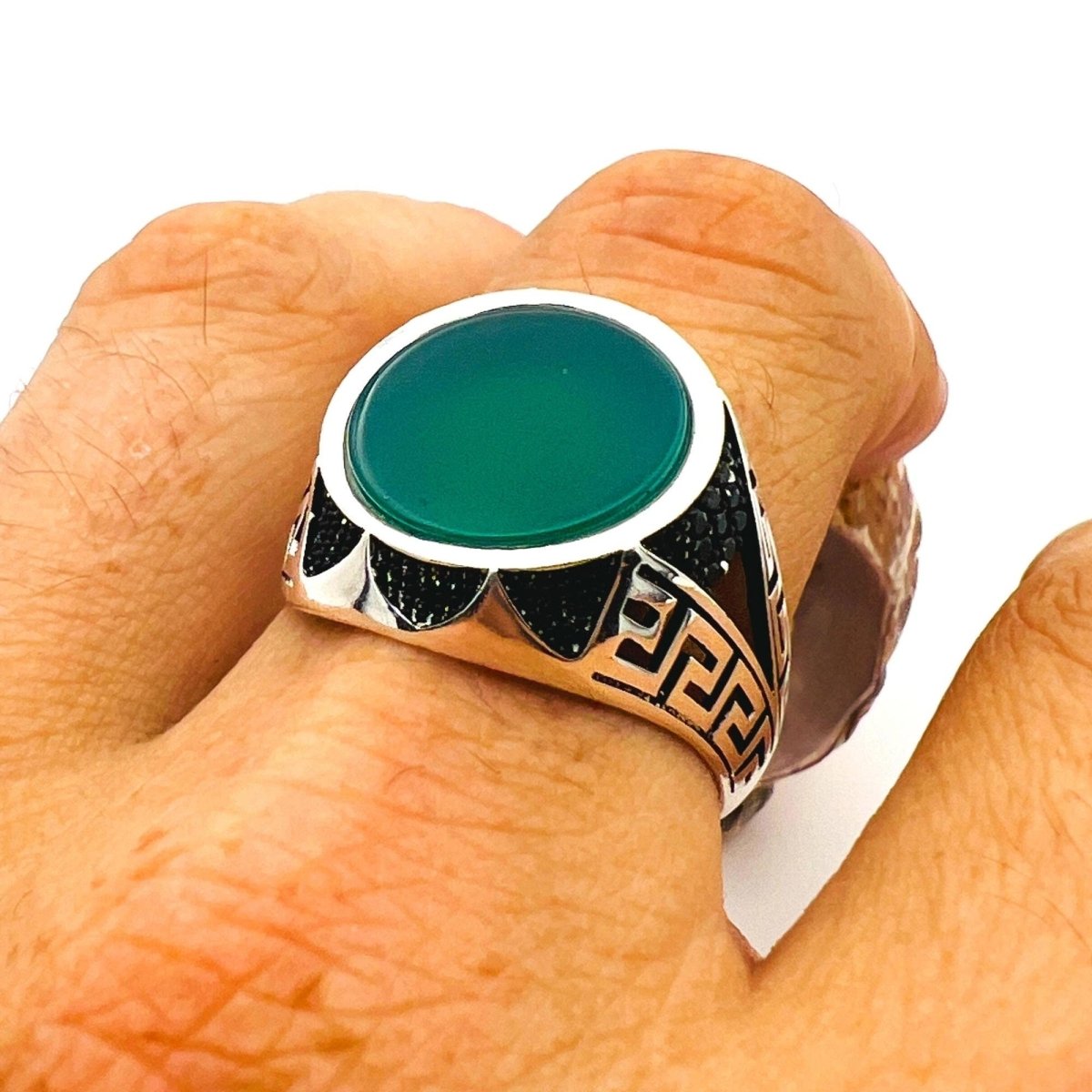 Handmade Turkish Men's Green Agate 925 Sterling Silver Ring - Unique Statement Gift - TryAladdin