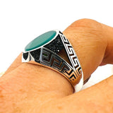 Handmade Turkish Men's Green Agate 925 Sterling Silver Ring - Unique Statement Gift - TryAladdin