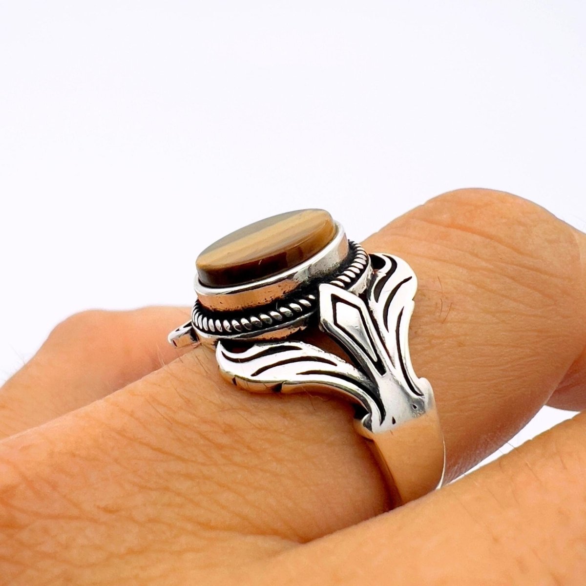 Handmade Turkish Ottoman Style Men's Tiger's Eye 925 Sterling Silver Ring - TryAladdin