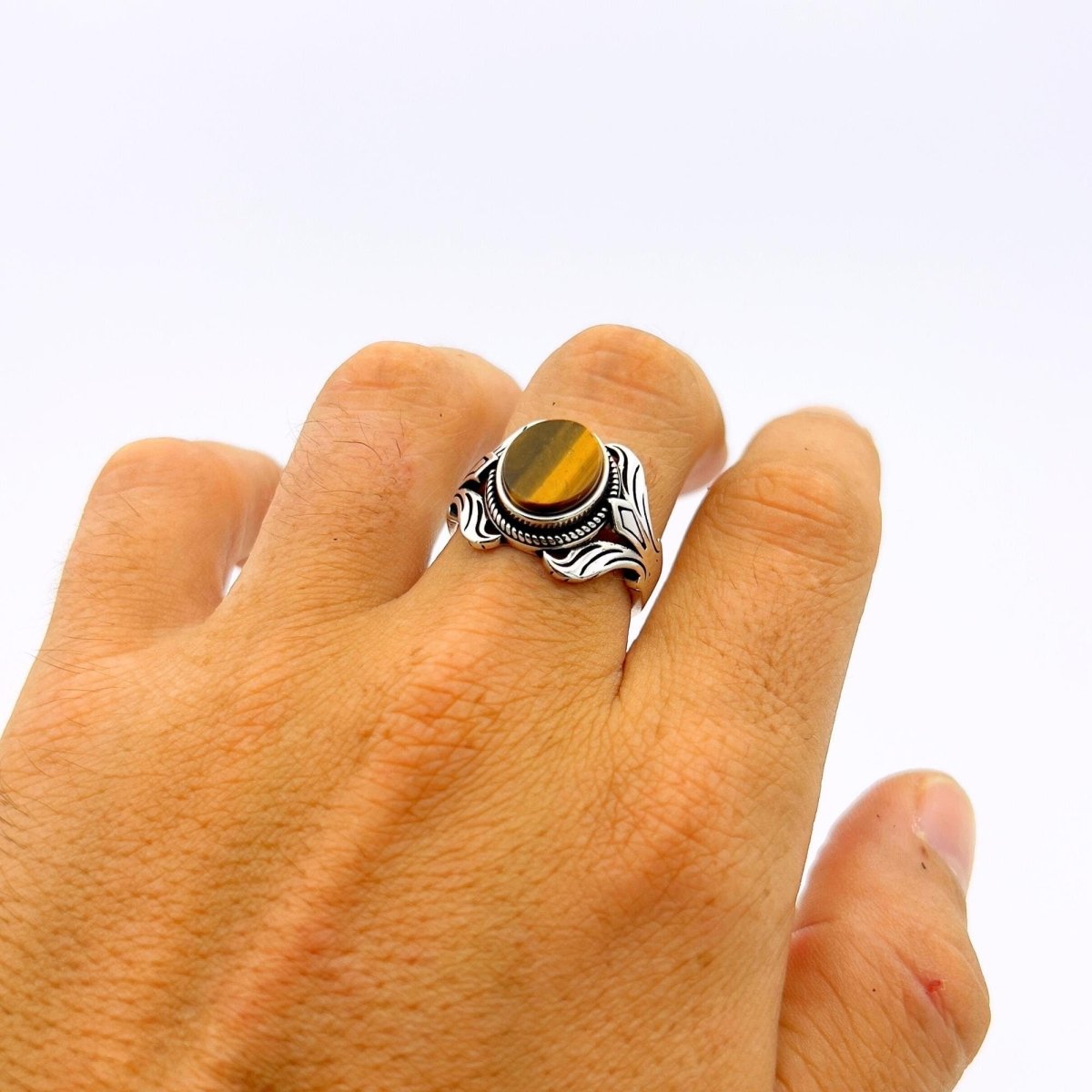 Handmade Turkish Ottoman Style Men's Tiger's Eye 925 Sterling Silver Ring - TryAladdin