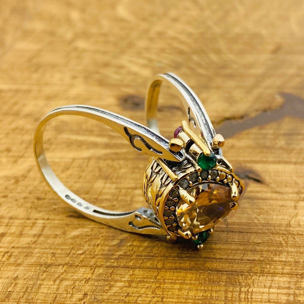 Handmade Turkish Reversible Sapphire & Citrine Ring | 925 Sterling Silver Dual - Stone Design - TryAladdin