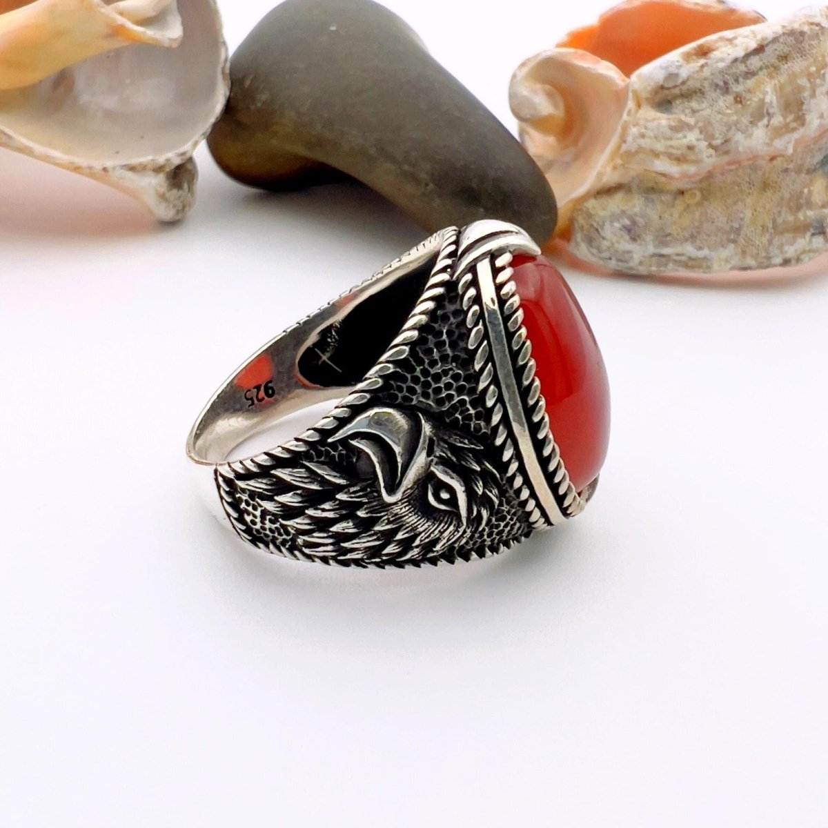 Handmade Turkish Sterling Silver Men's Red Agate Statement Ring - TryAladdin