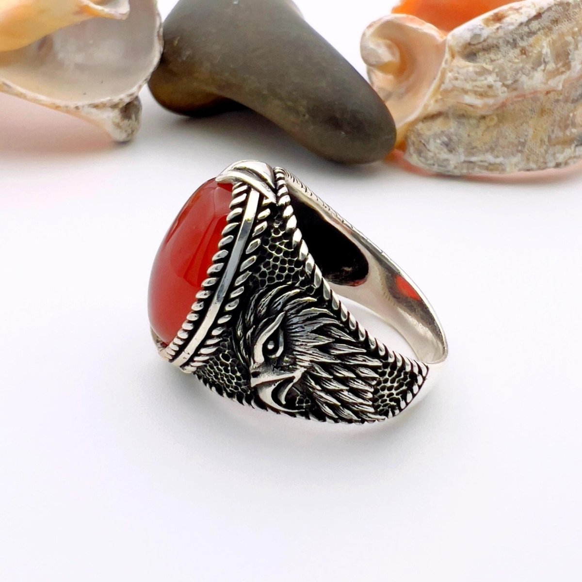 Handmade Turkish Sterling Silver Men's Red Agate Statement Ring - TryAladdin