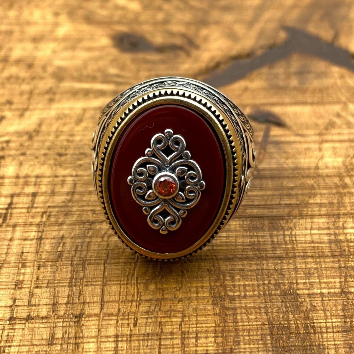Handmade Turkish Sterling Silver Men's Ring with Dark Red Agate Stone - TryAladdin