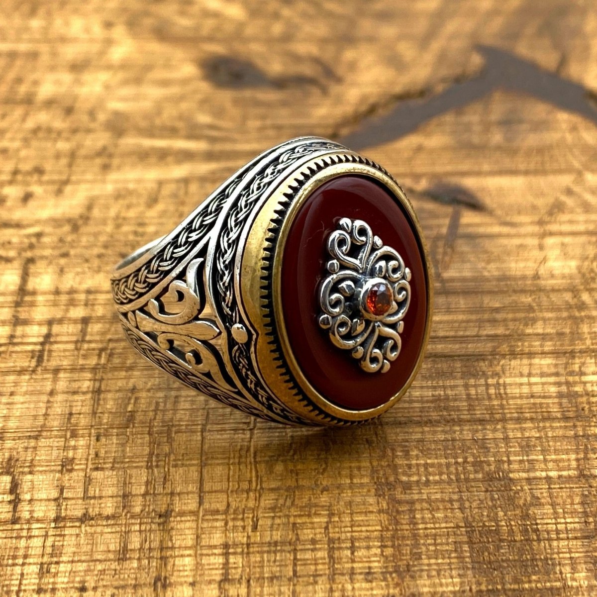 Handmade Turkish Sterling Silver Men's Ring with Dark Red Agate Stone - TryAladdin