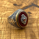 Handmade Turkish Sterling Silver Men's Ring with Dark Red Agate Stone - TryAladdin