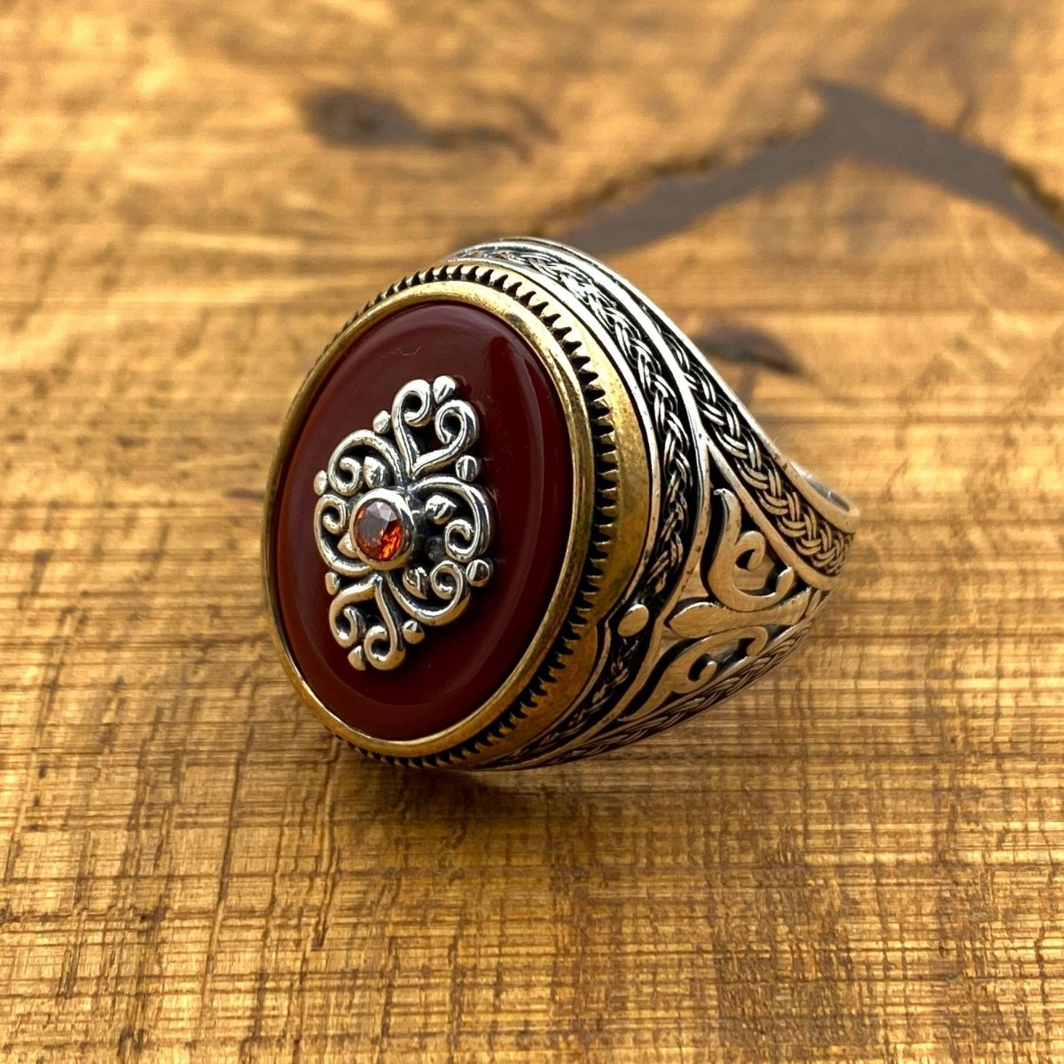 Handmade Turkish Sterling Silver Men's Ring with Dark Red Agate Stone - TryAladdin