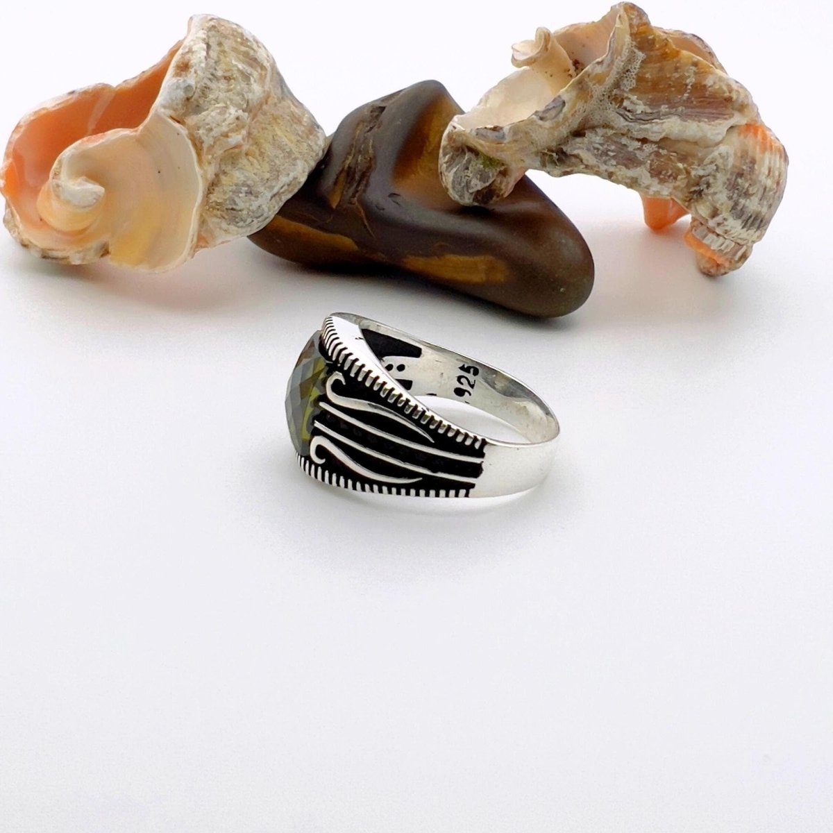 Handmade Turkish Sterling Silver Men's Ring with Genuine Yellow Amber Stone - Unique Gift for Him - TryAladdin