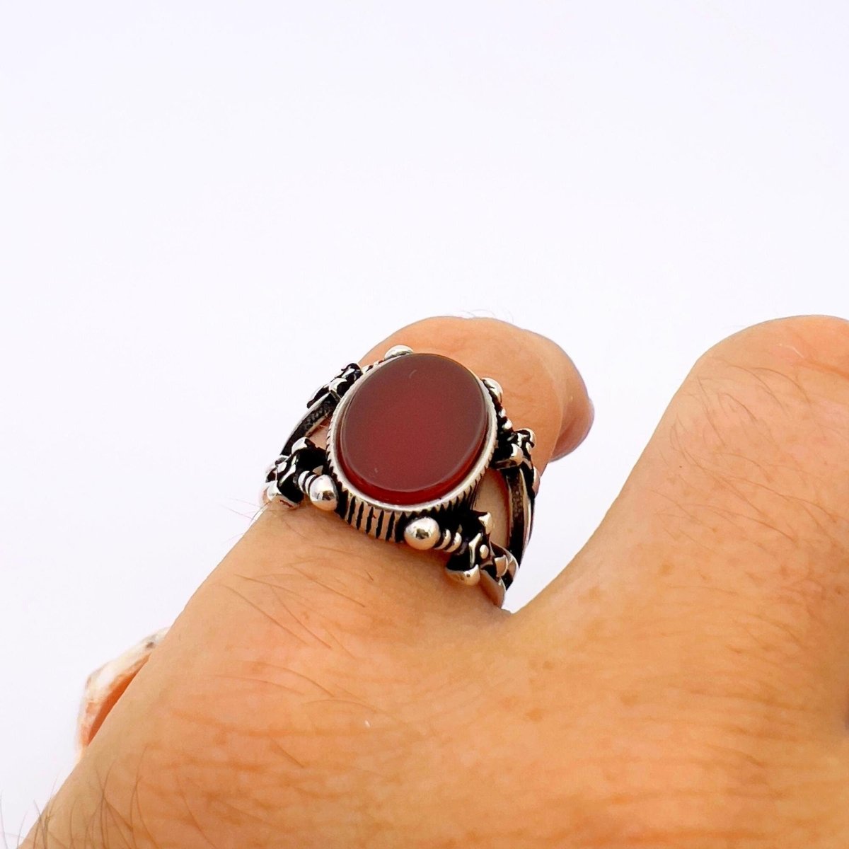 Handmade Turkish Sterling Silver Red Agate Sword Men's Ring | Unique Statement Jewelry Gift - TryAladdin