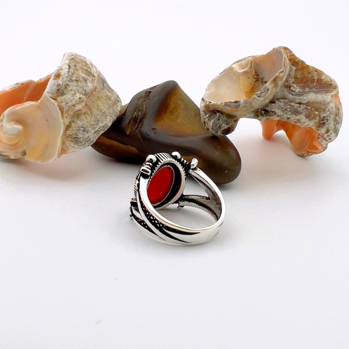 Handmade Turkish Sterling Silver Red Agate Sword Men's Ring | Unique Statement Jewelry Gift - TryAladdin