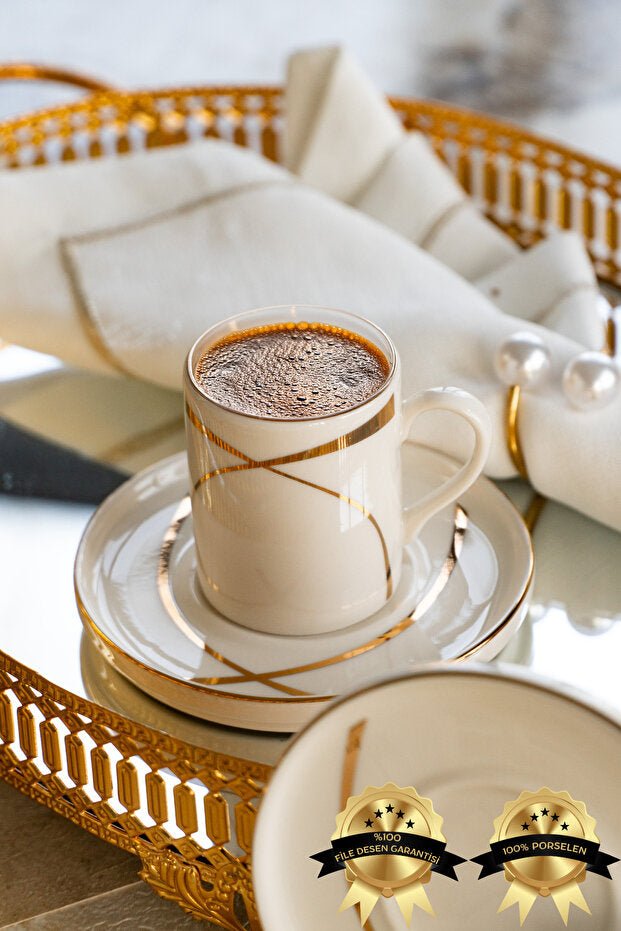 Heda Porcelain Premium Ribbon Turkish Coffee Set - 12 Pieces - TryAladdin